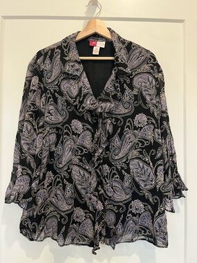 Black Paisley Print Sheer Ruffle Boho Fairy Renaissance Dark Romantic top sz 18